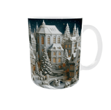 Mug de Noël village enneigé vu côté anse droite : immeuble aux fenêtres lumineuses, sapin de Noël aux boules argentées et pont sur la rivière gelée