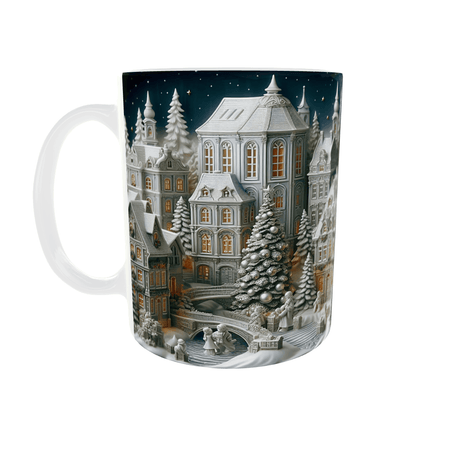 Mug de Noël village enneigé vu côté anse gauche : sapin décoré, petit pont de pierre, personnages et maisons de porcelaine en relief