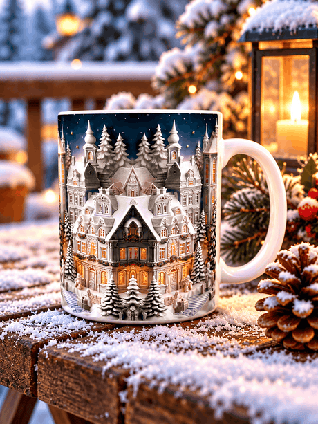 Mug de Noël village enneigé en relief posé sur une table en bois couverte de neige, avec lanterne allumée, branches de sapin et pomme de pin