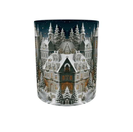 Mug Noël Village Enneigé – Effet Relief 3D, Maisons de Porcelaine et Sapin Illuminé 11 oz – vue de face