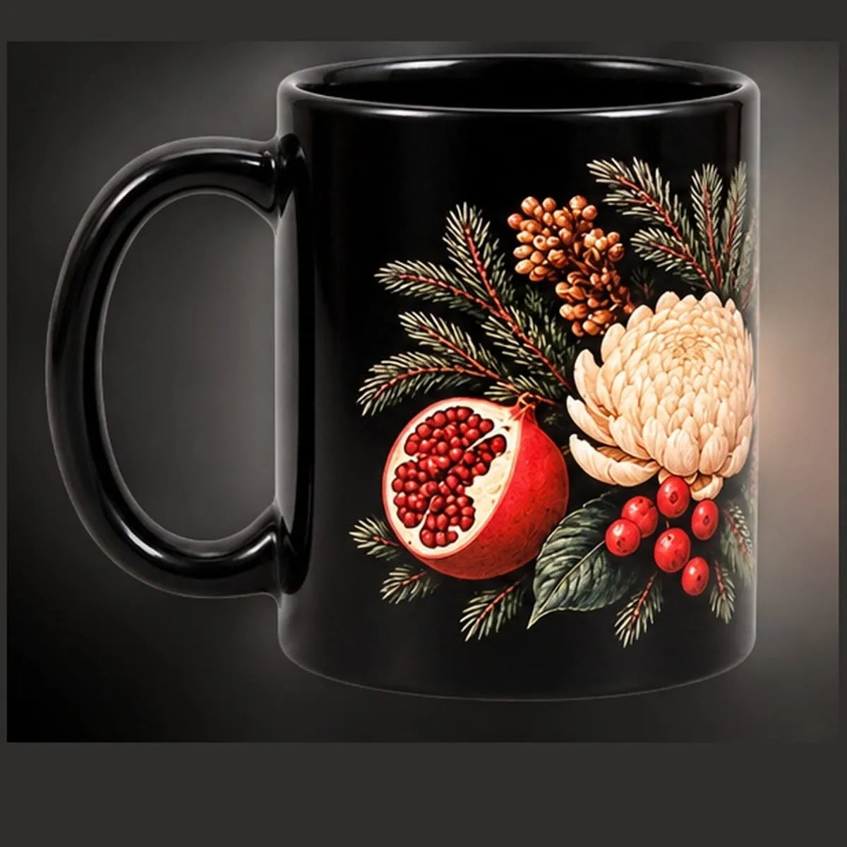 mug noir noel grenade et pivoine creme vue anse gauche