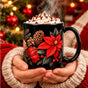 mug noir noel poinsettia rouge tenu entre les mains avec chocolat chaud et chantilly