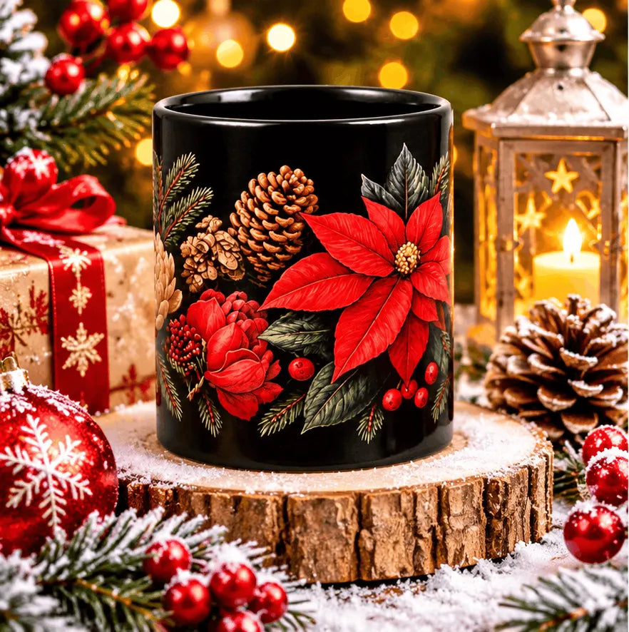 mug noir noel poinsettia rouge pose sur une buche enneigee avec lanterne et boules de noel