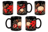 mug noir noel poinsettia rouge pommes de pin baies et grenade, 5 vues du decor floral sur tout le tour