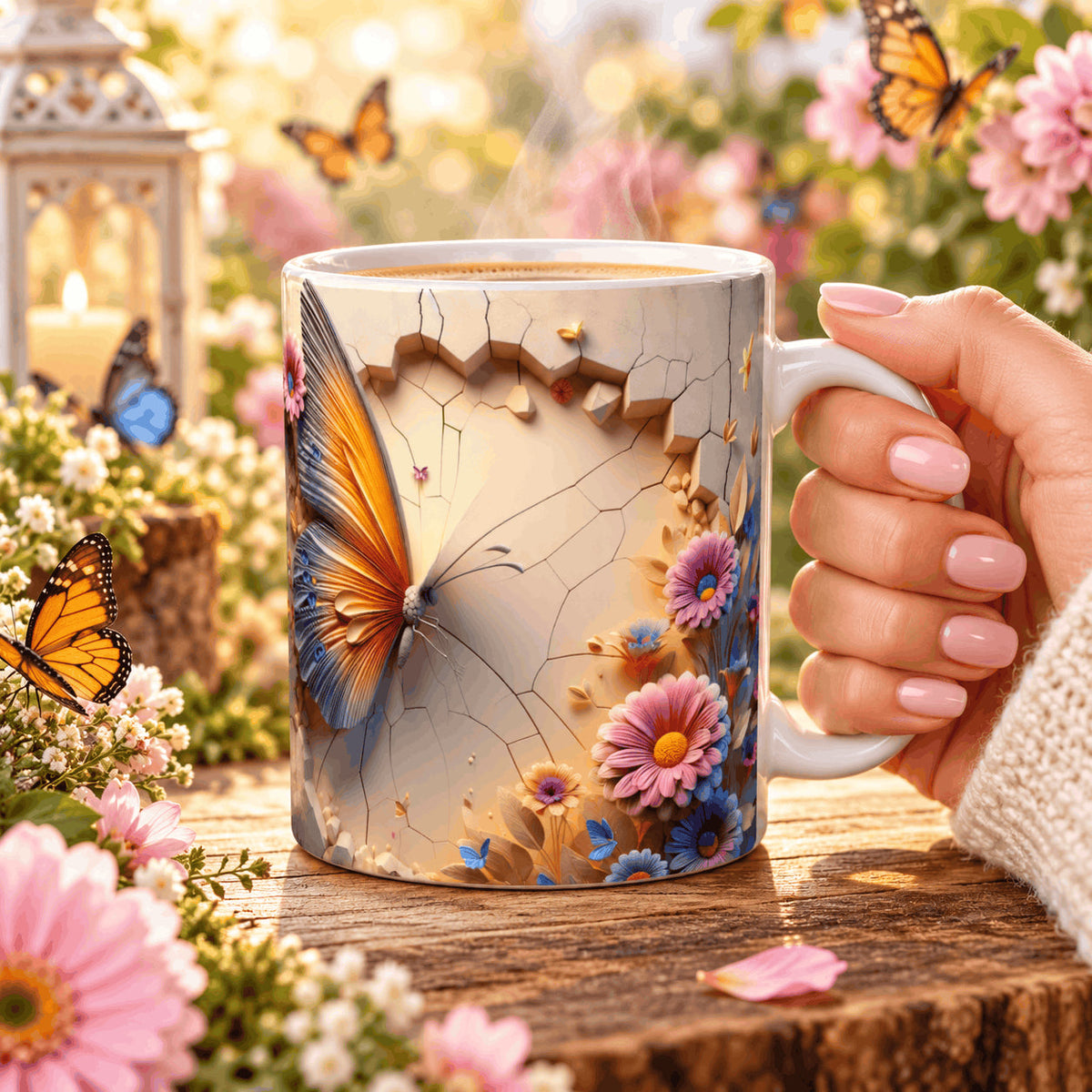 Mug papillon 3D tenu en main, café fumant, décor de fleurs et papillons