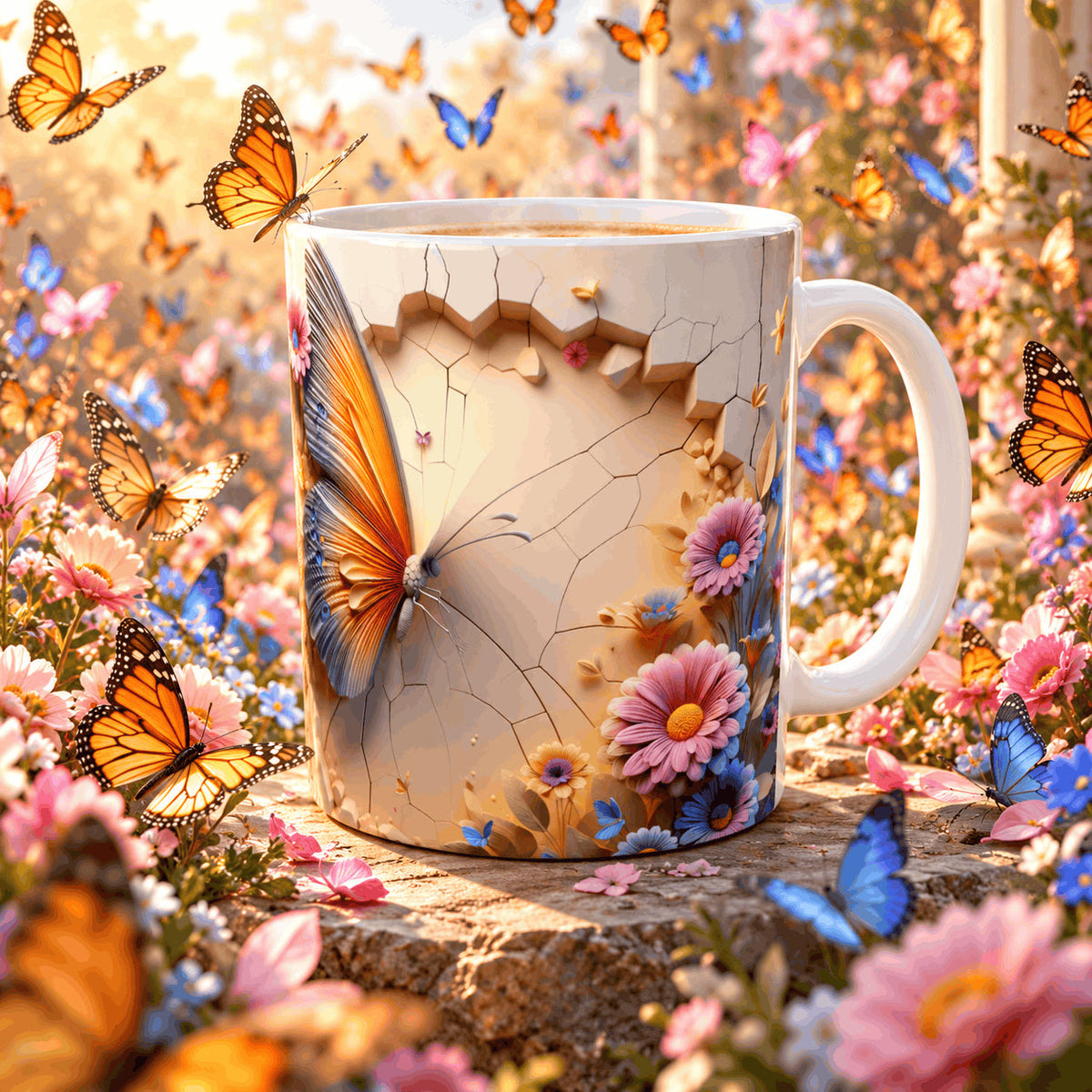 Mug papillon 3D posé sur une pierre dans un jardin fleuri, entouré de papillons monarques et bleus