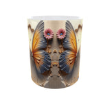 Vue arrière du mug papillon : deux papillons ailes face à face et fleurs roses symétriques