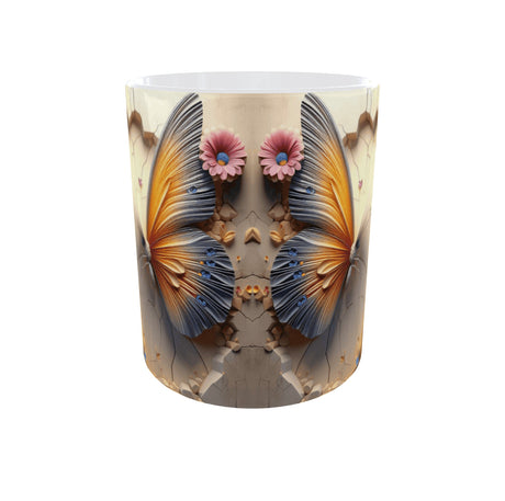 Vue arrière du mug papillon : deux papillons ailes face à face et fleurs roses symétriques