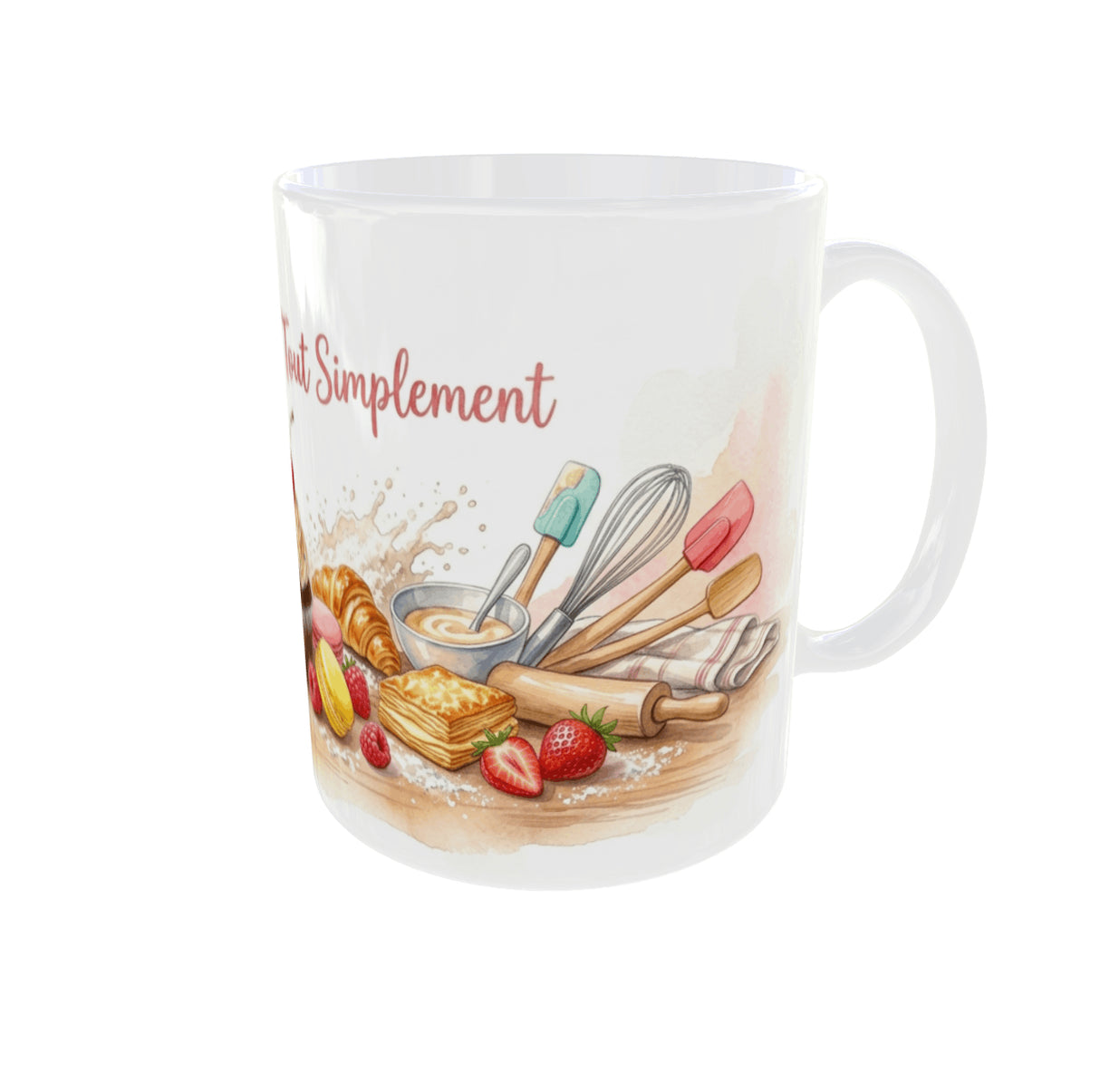 Mug pâtisserie Café et Gâteaux Tout Simplement vue anse à droite avec visuel gourmand de desserts, fruits rouges et accessoires de cuisine