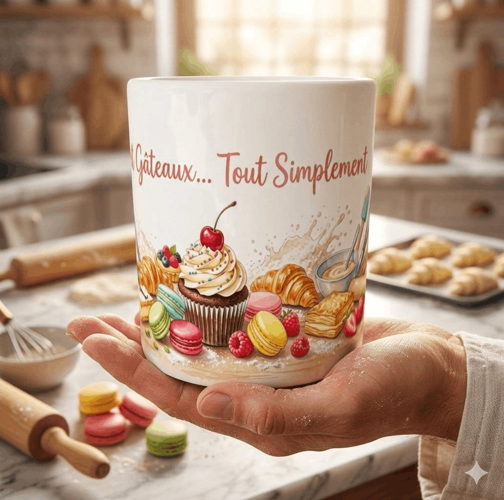 Mug pâtisserie Café et Gâteaux Tout Simplement tenu en main avec design gourmand inspiré de la pâtisserie et du café