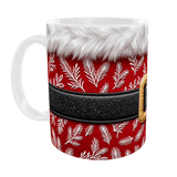 Mug Père Noël velours rouge à branches de sapin blanches et ceinturon noir, mug céramique 11 oz, anse à gauche