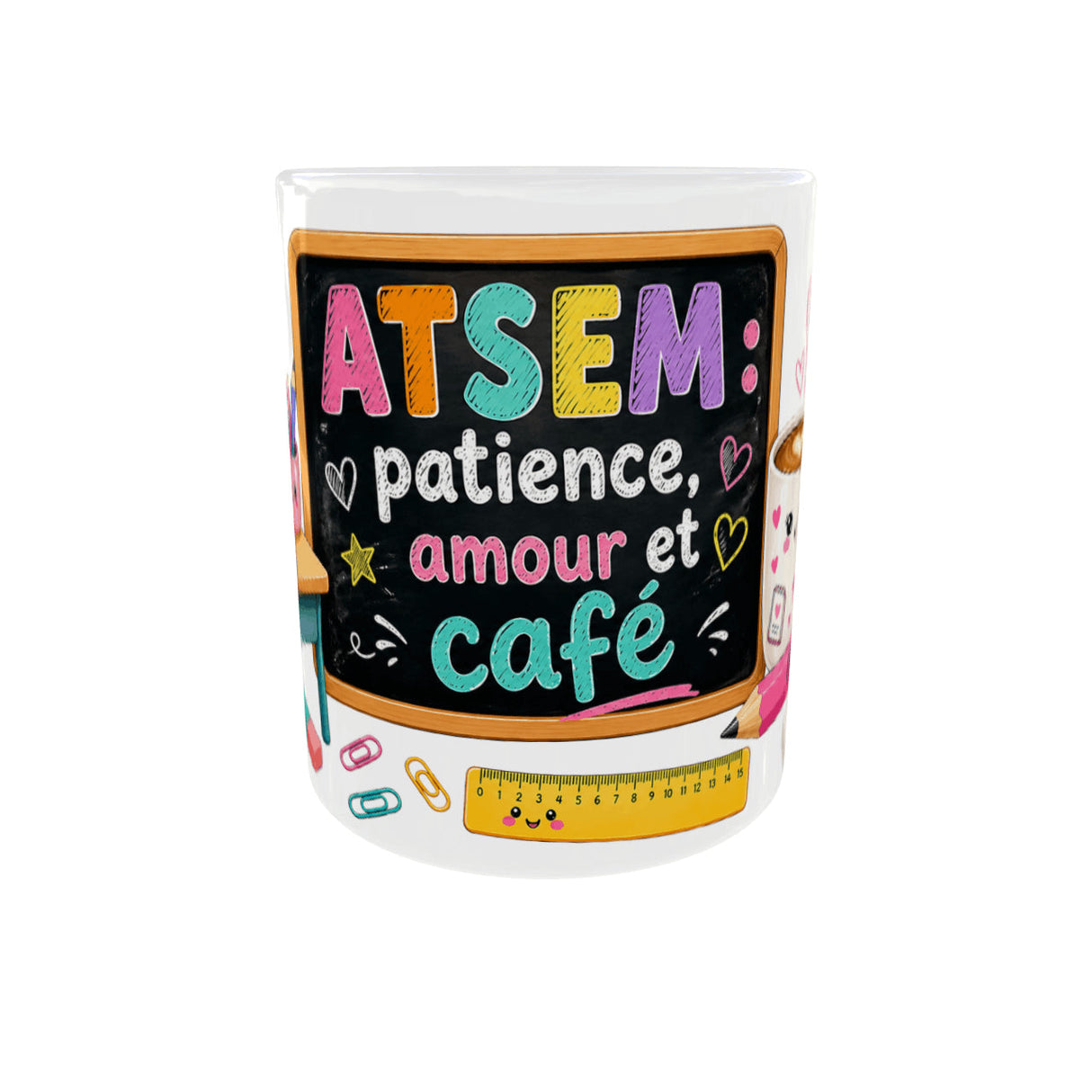 Mug personnalisé prénom ATSEM patience amour et café, céramique blanche 11 oz – vue de face