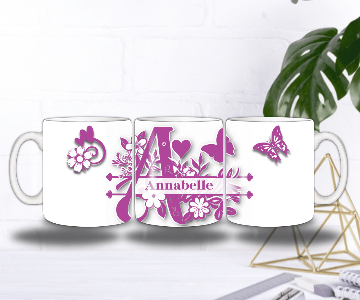 Mug Personnalisé Initiale A–Z – Floral Rose/Violet & Prénom au Choix