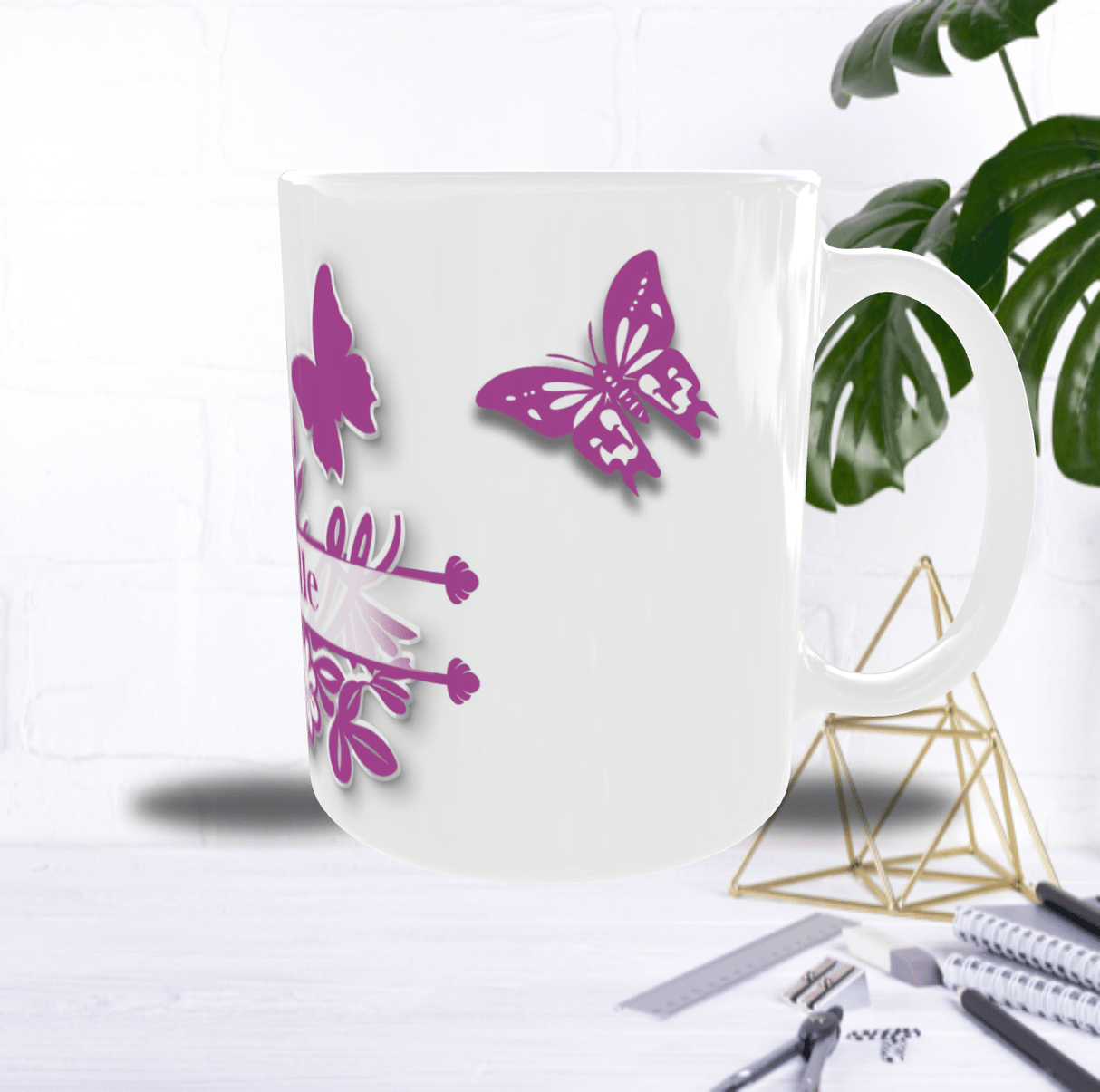 Mug Personnalisé Initiale A–Z – Floral Rose/Violet & Prénom au Choix