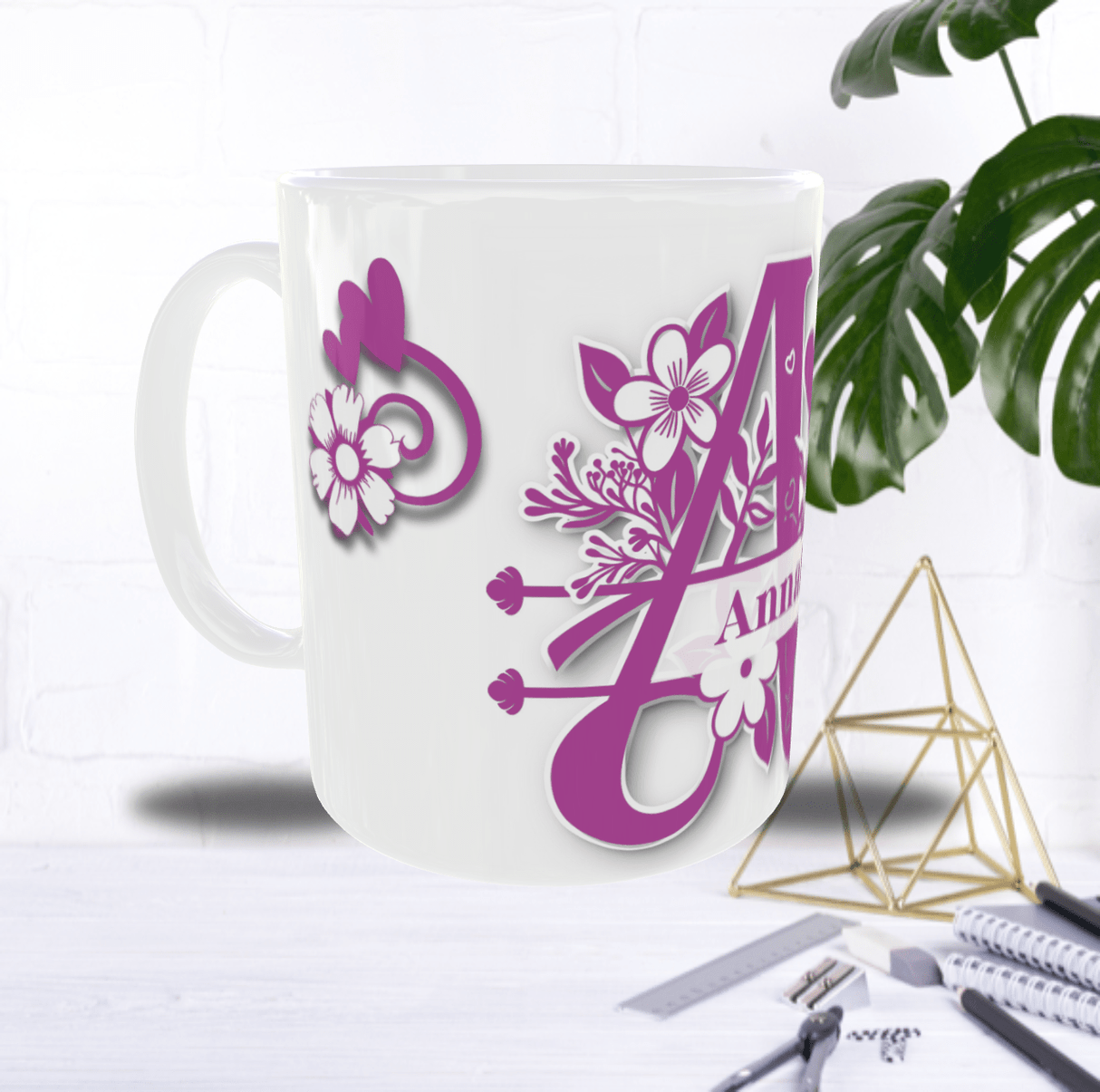 Mug Personnalisé Initiale A–Z – Floral Rose/Violet & Prénom au Choix
