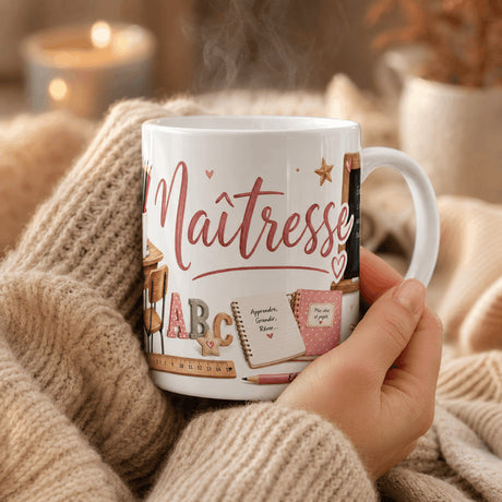 Mug personnalisé maîtresse avec design aquarelle école, lettres ABC et cahier, tenu dans les mains au coin du feu