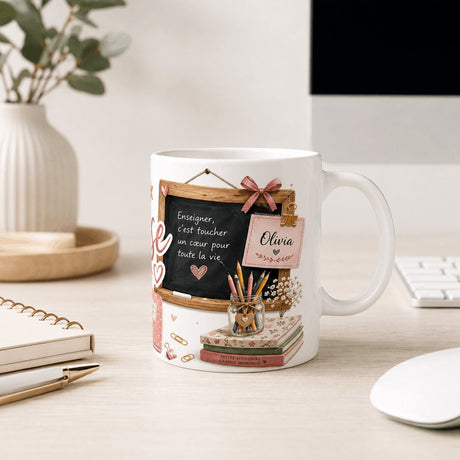 Mug personnalisé maîtresse avec ardoise et citation Enseigner c'est toucher un cœur pour toute la vie, étiquette prénom Olivia