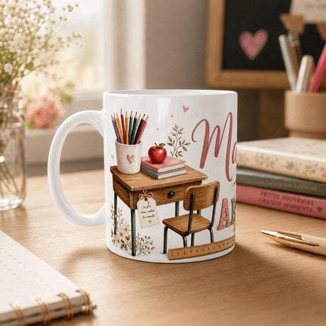 Détail du mug personnalisé maîtresse avec illustration bureau d'écolier, crayons de couleur et pomme, inscription le plus beau métier du monde