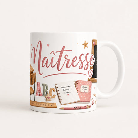 Mug personnalisé maîtresse fond blanc, design école complet avec lettres ABC, cahiers, ardoise et crayon personnalisé prénom Olivia
