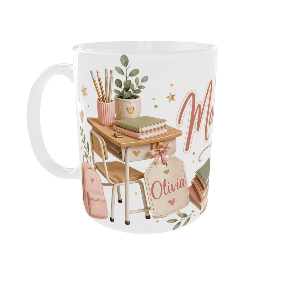 Mug maîtresse personnalisé côté gauche, bureau d'école et prénom élève sur étiquette