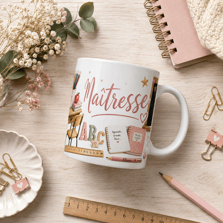 Mug personnalisé maîtresse avec prénom Olivia sur le crayon, posé sur un bureau avec règle, trombones et carnet rose