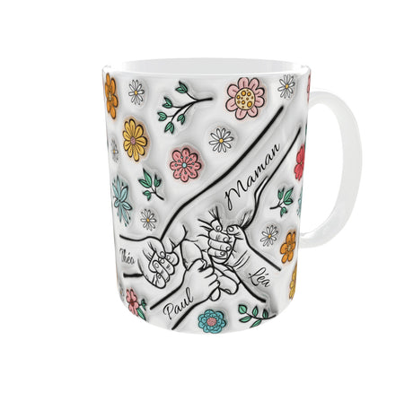 Mug personnalisé Papa/Maman/Papi/Mamie + 3 prénoms – Mains & fleurs (sublimation HD) Sublimation Store