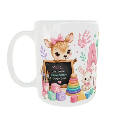 Mug personnalisé ATSEM maternelle avec prénom – vue anse à gauche