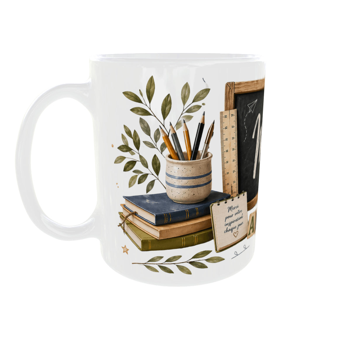 Mug personnalisé maître avec prénom sur tableau noir et étiquette élève – vue anse à gauche