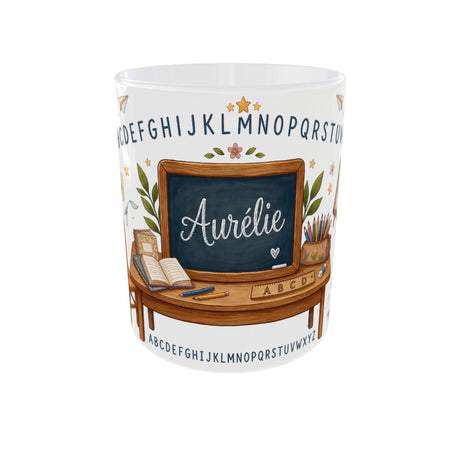Mug personnalisé prénom maîtresse thème école, céramique blanche 11 oz – vue de face