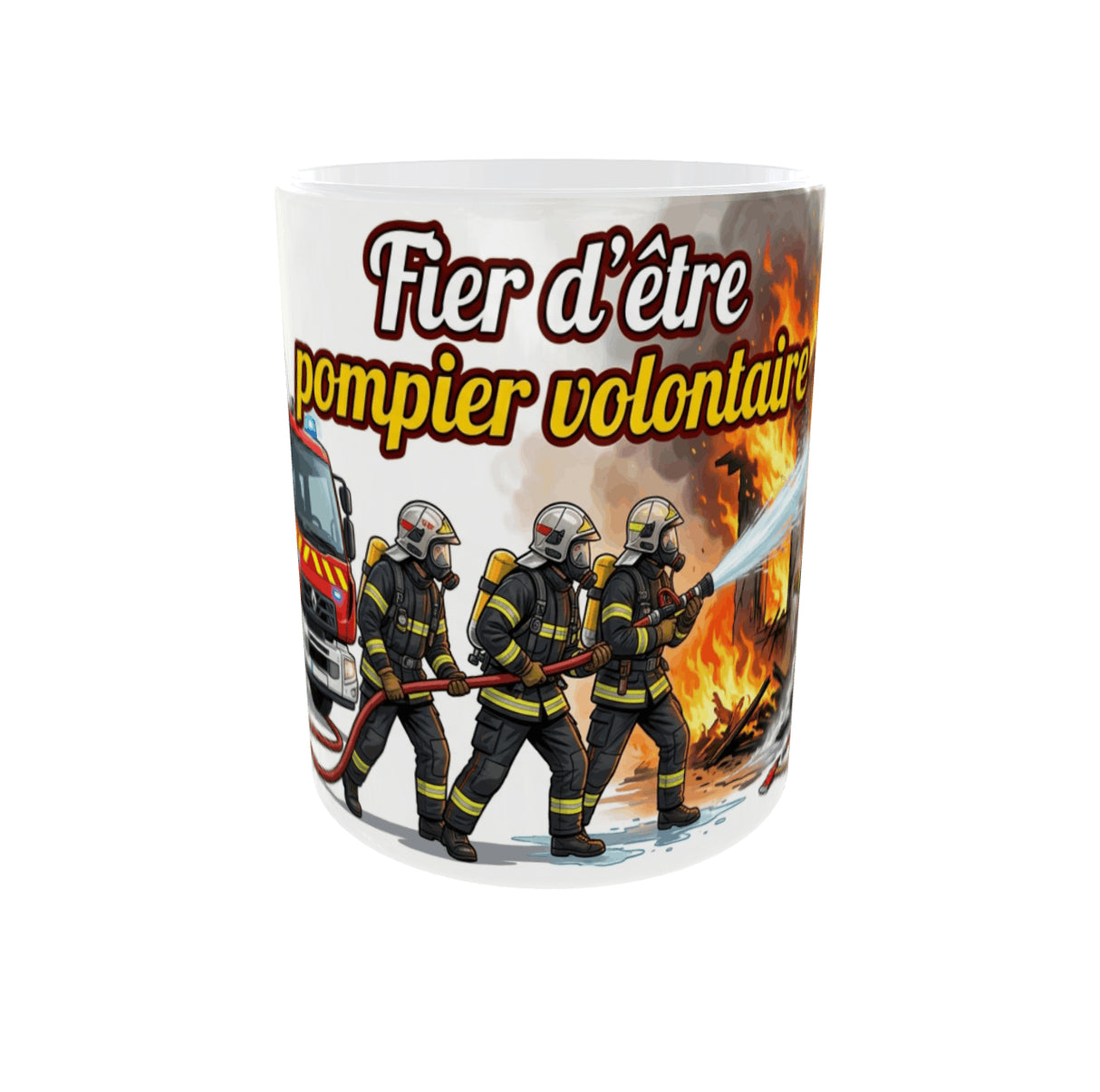 Mug pompier volontaire 11 oz vue de face avec intervention incendie et message Fier d’être pompier volontaire
