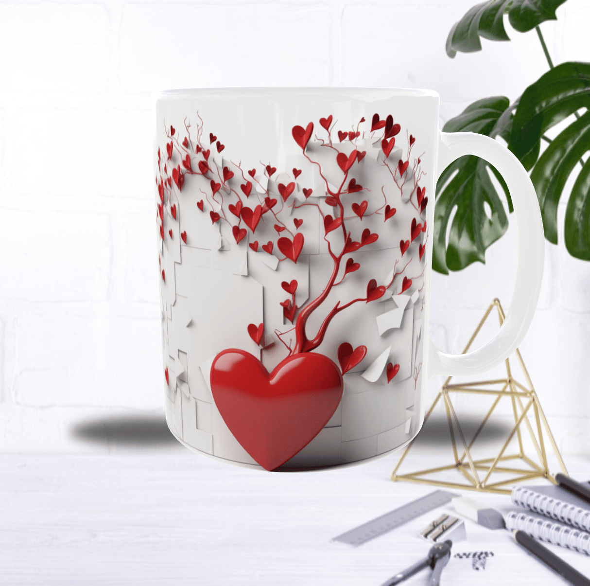 Mug Saint-Valentin “Arbre de Vie” – Cœurs Rouges 3D en Sublimation