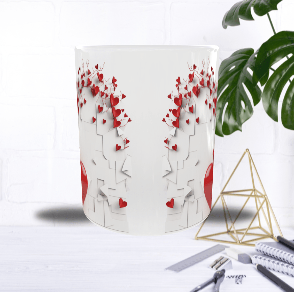 Mug Saint-Valentin “Arbre de Vie” – Cœurs Rouges 3D en Sublimation