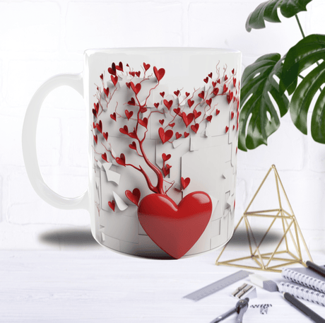 Mug Saint-Valentin “Arbre de Vie” – Cœurs Rouges 3D en Sublimation