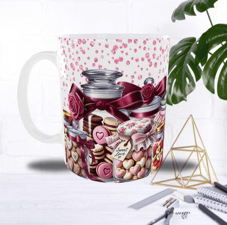 Mug Saint-Valentin – Bonbonnières Remplies d’Amour & Biscuits Cœurs