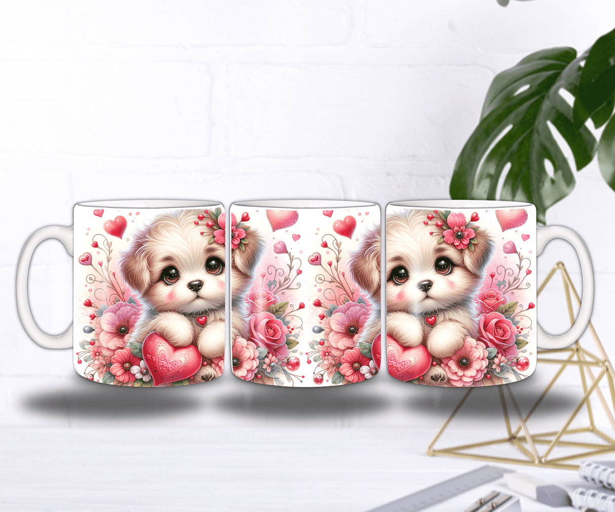 Mug Saint-Valentin Chien & Cœurs – Chiot Fleuri Romantique (Sublimation)