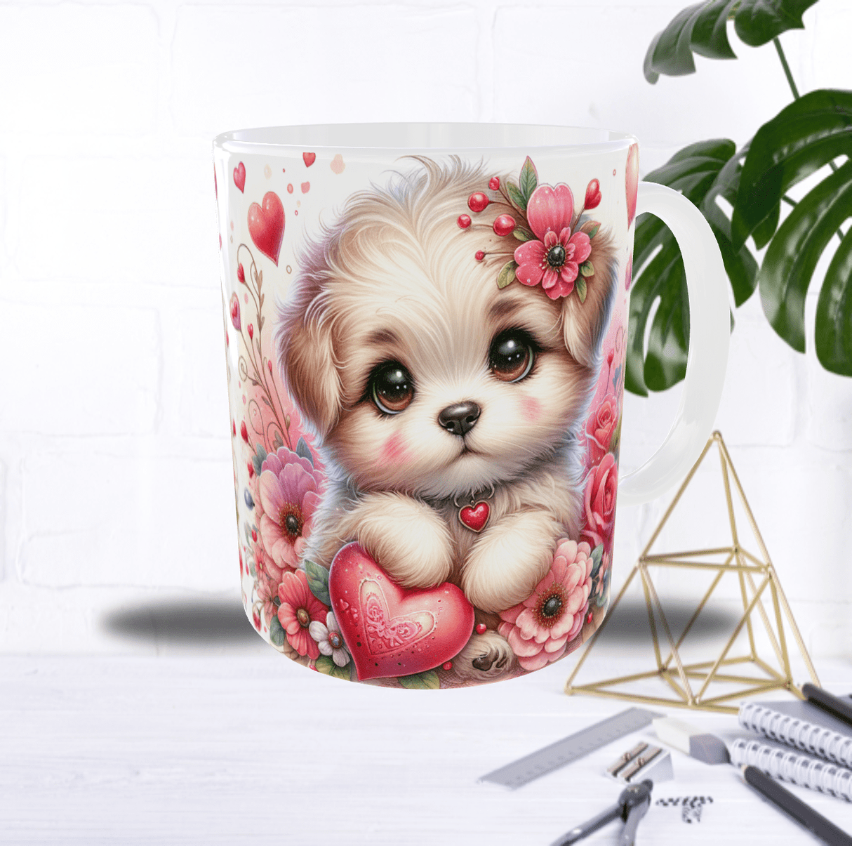 Mug Saint-Valentin Chien & Cœurs – Chiot Fleuri Romantique (Sublimation)