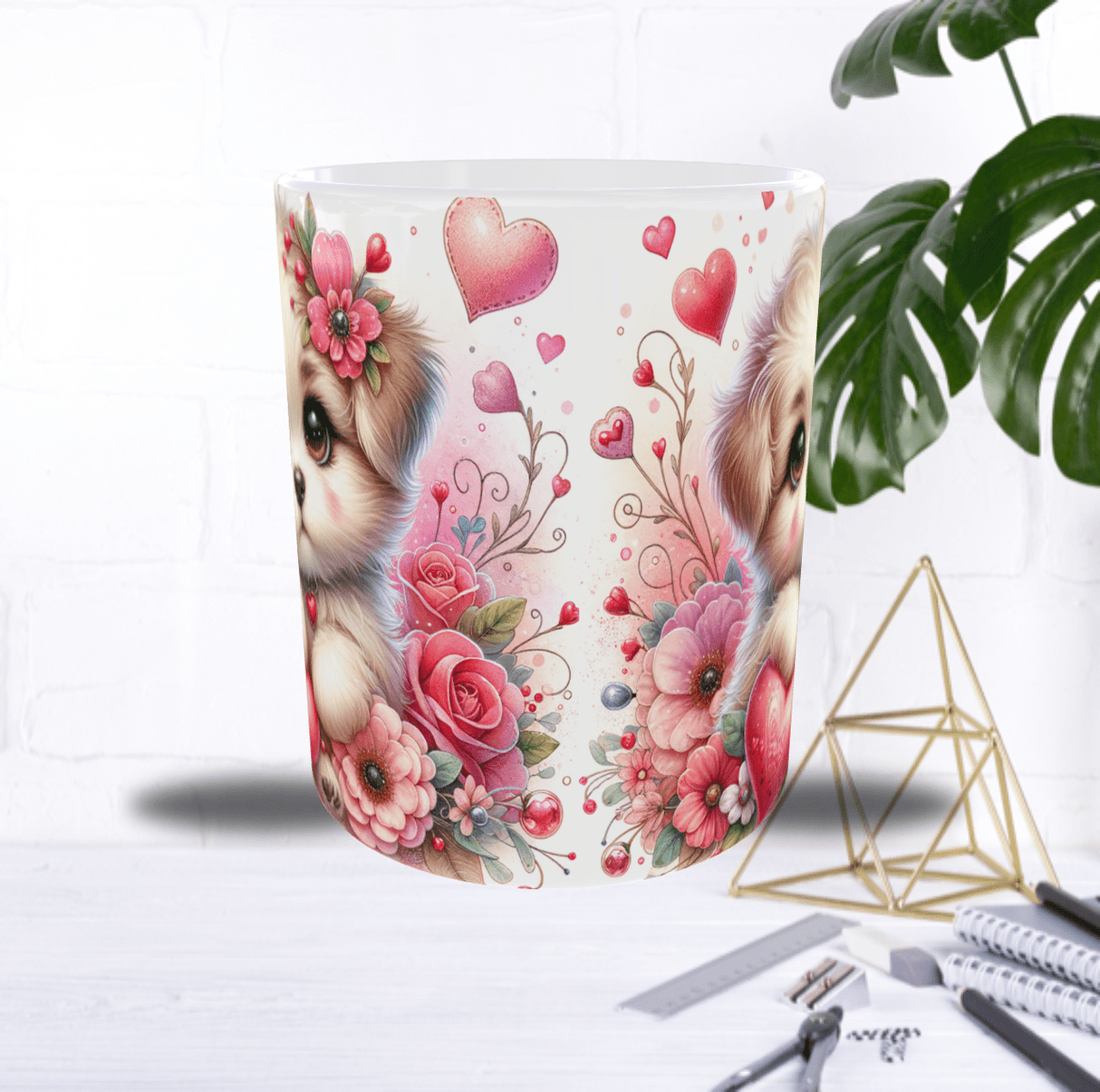 Mug Saint-Valentin Chien & Cœurs – Chiot Fleuri Romantique (Sublimation)