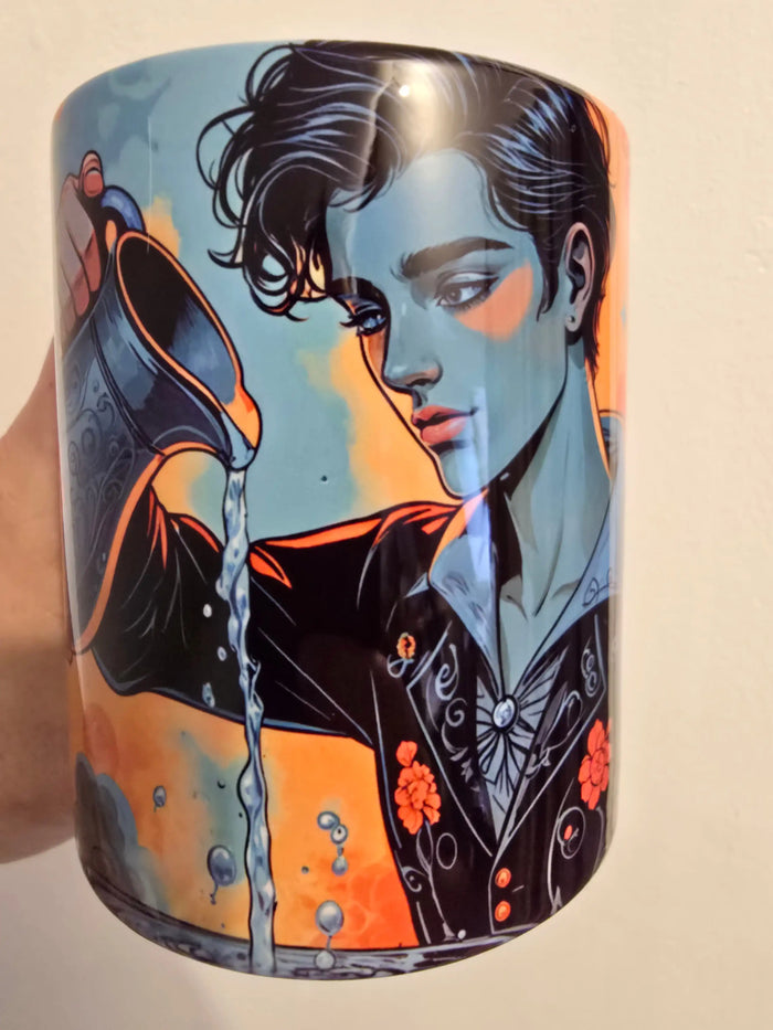 Gros plan sur un mug personnalisé sublimation haute définition, design graphique coloré fabriqué dans l'atelier SublimationStore