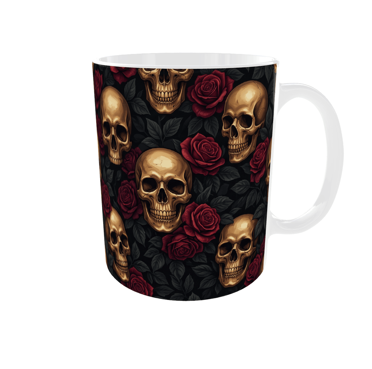 Mug tête de mort dorée entourée de roses rouges et feuillages sombres, mug céramique 11 oz, anse à droite