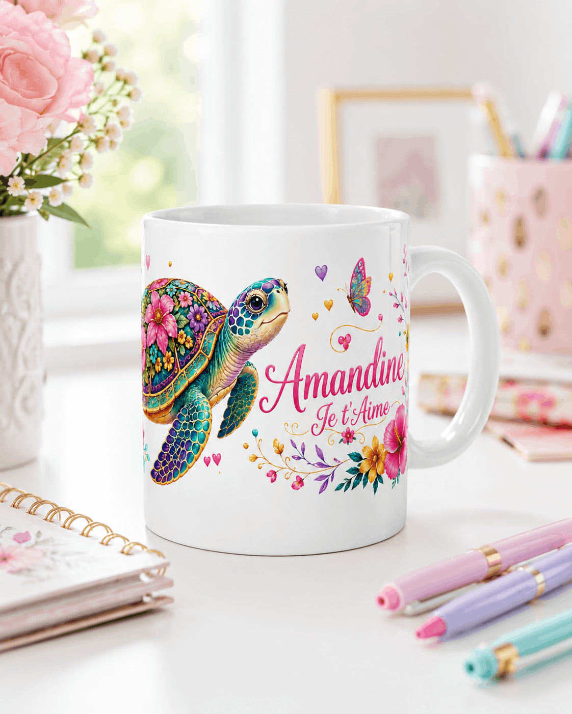Mug tortue fleurie personnalisé prénom et message, cadeau femme, ambiance bureau rose