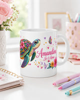 Mug tortue fleurie personnalisé prénom et message, cadeau femme, ambiance bureau rose