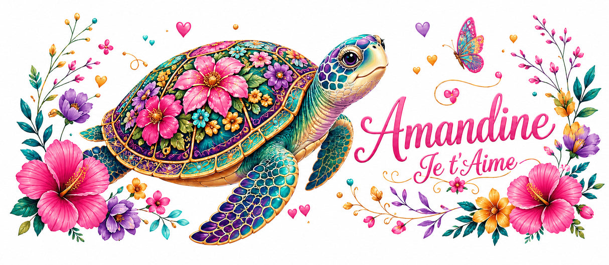 Design wrap complet mug tortue fleurie personnalisé prénom et message, impression haute définition