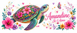 Design wrap complet mug tortue fleurie personnalisé prénom et message, impression haute définition