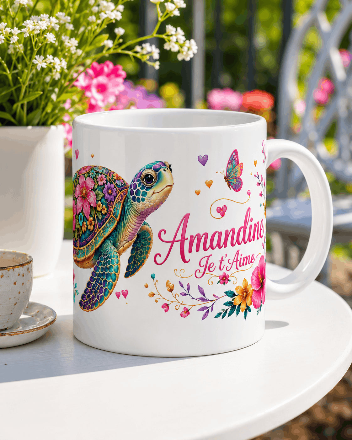 Mug tortue fleurie personnalisé prénom et message libre, céramique blanche, ambiance terrasse
