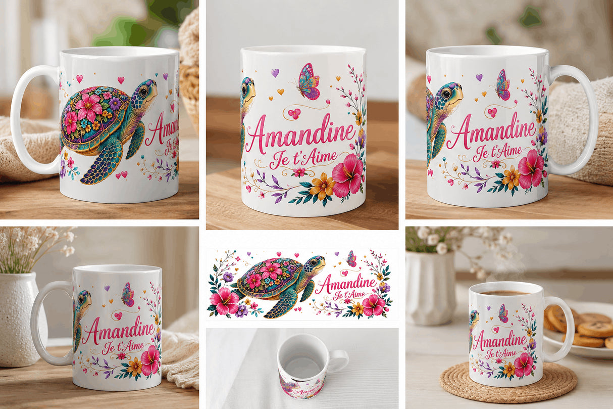 Mug tortue fleurie personnalisé toutes faces, vue ensemble 360°, céramique 11 oz