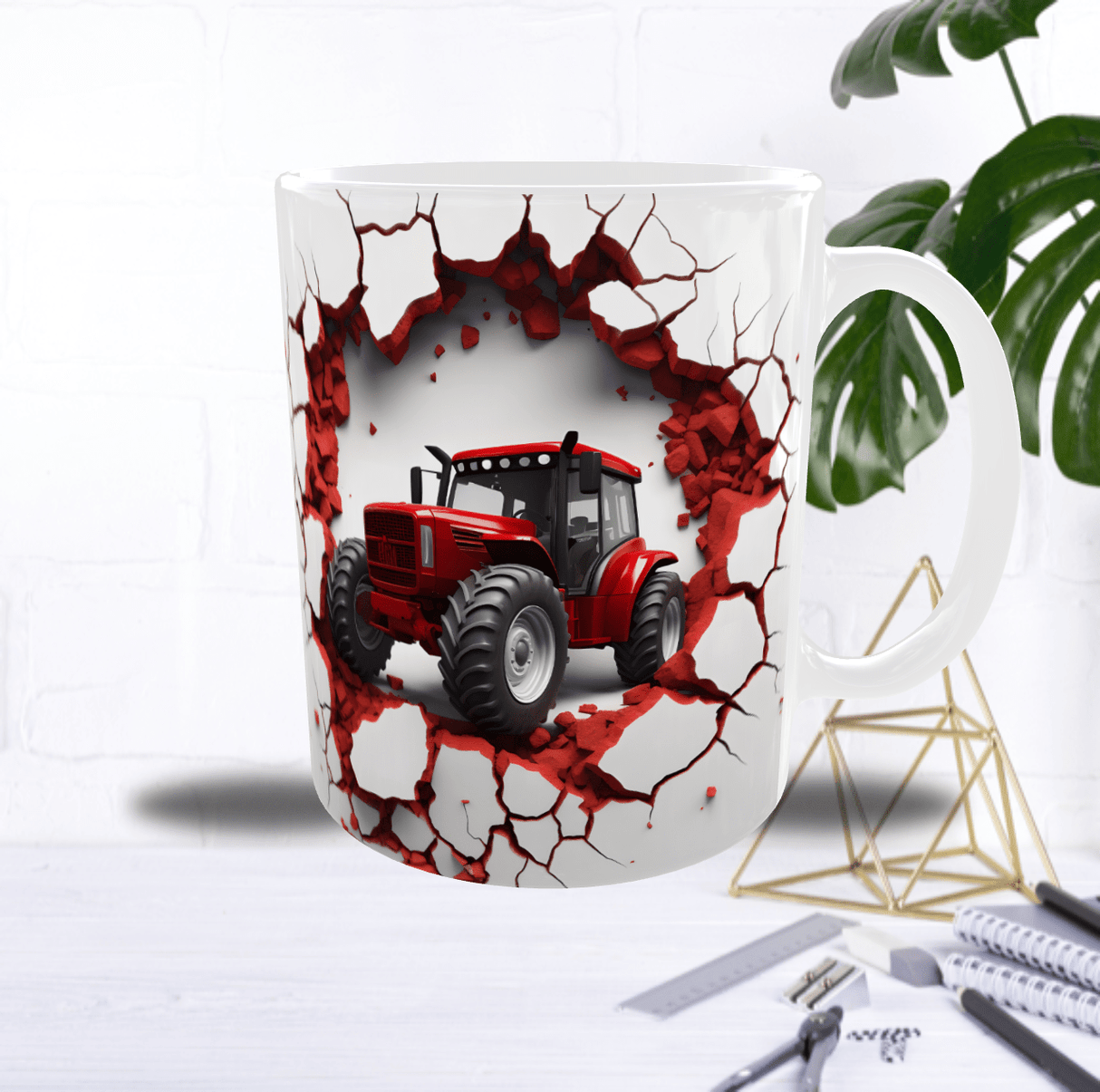 Mug Tracteur Rouge Brise-Mur – Sublimation HD Effet 3D sur Mur Blanc