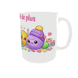Mug tricot Juste une maille de plus anse à droite avec illustration laine kawaii aiguilles et crochet