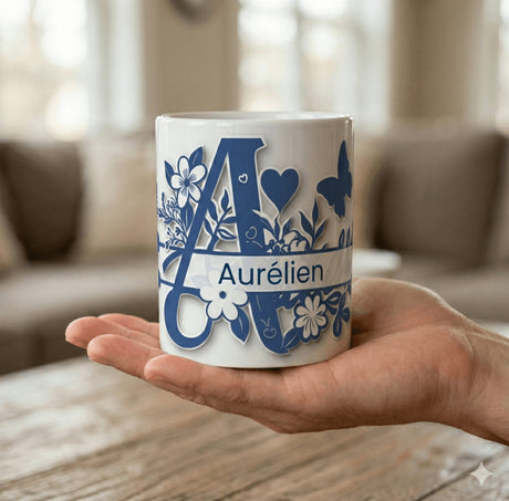 Mug personnalisé initiale A à Z – Bleu + prénom au choix (325 ml / 11 oz) Sublimation Store - Vue sur main