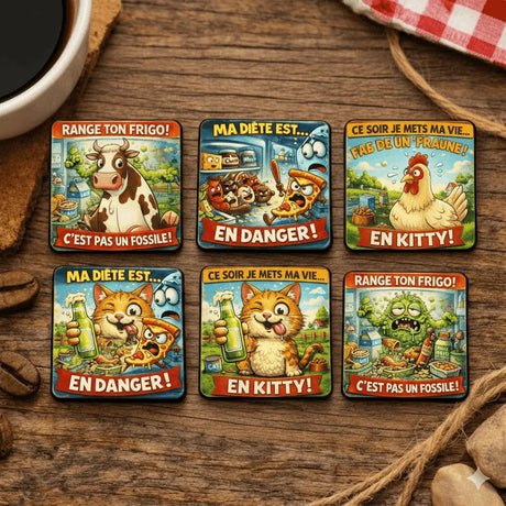 Pack 6 Magnets Frigo Humoristiques – Bois 6x6 cm Ultra Brillant (Lot de 6 designs) Sublimation Store