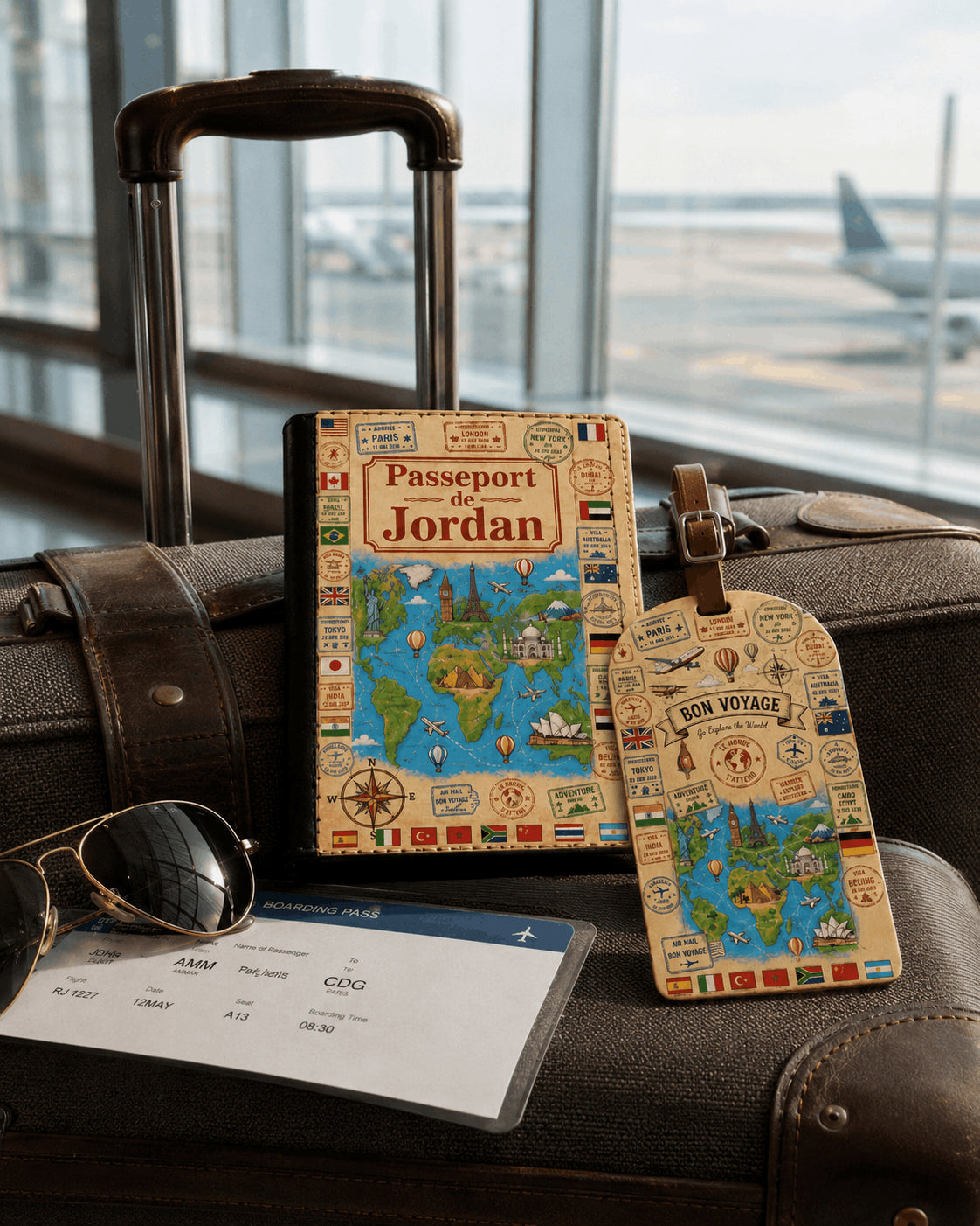 Pack voyage carte du monde vintage housse passeport personnalisée et étiquette Bon Voyage posés sur valise en aéroport